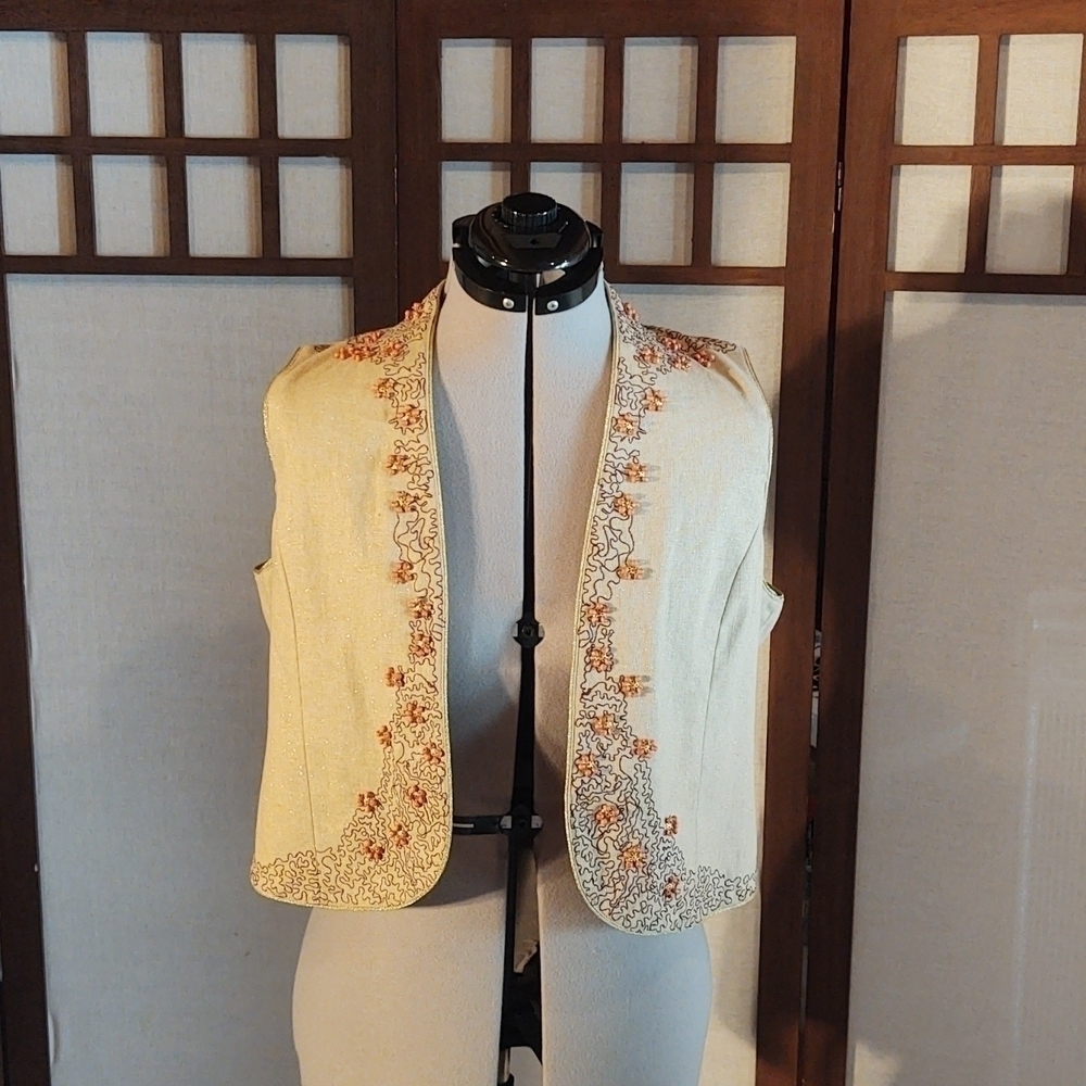Central Park Beaded and Embroidered Gold Linen Vest Sz L